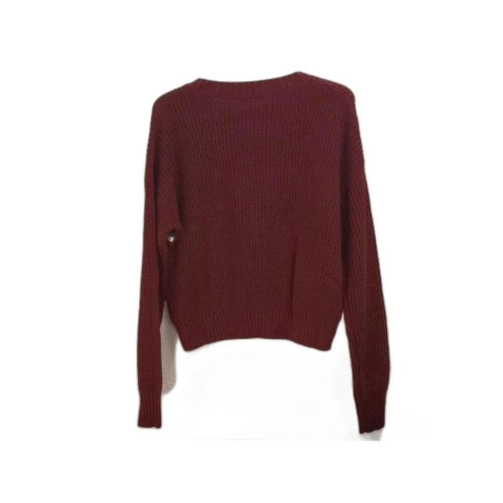Ambiance Apparel Striped Cropped Sweater Knit Pullover Burgundy S